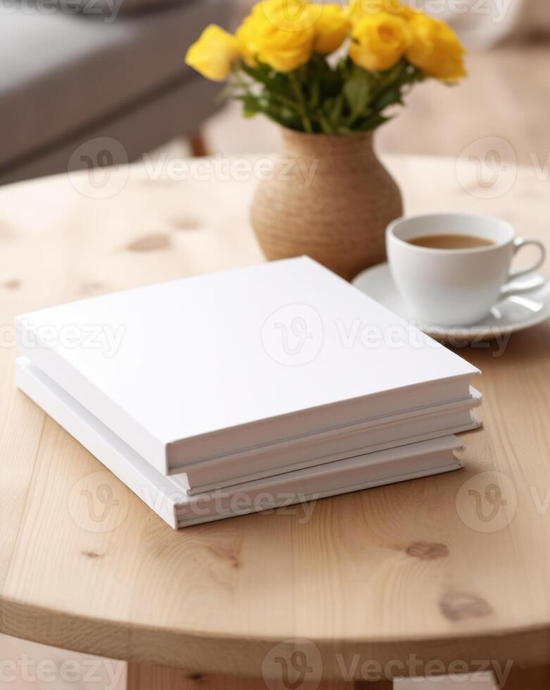 AI generated White book mockup with yellow flowers on table. AI Generated photo