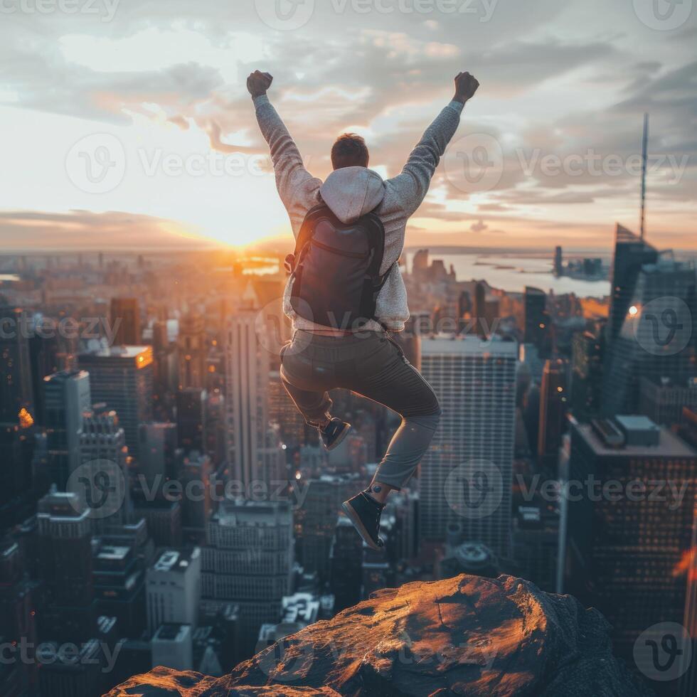 AI generated man jumping on city background, rear view. ai generated photo