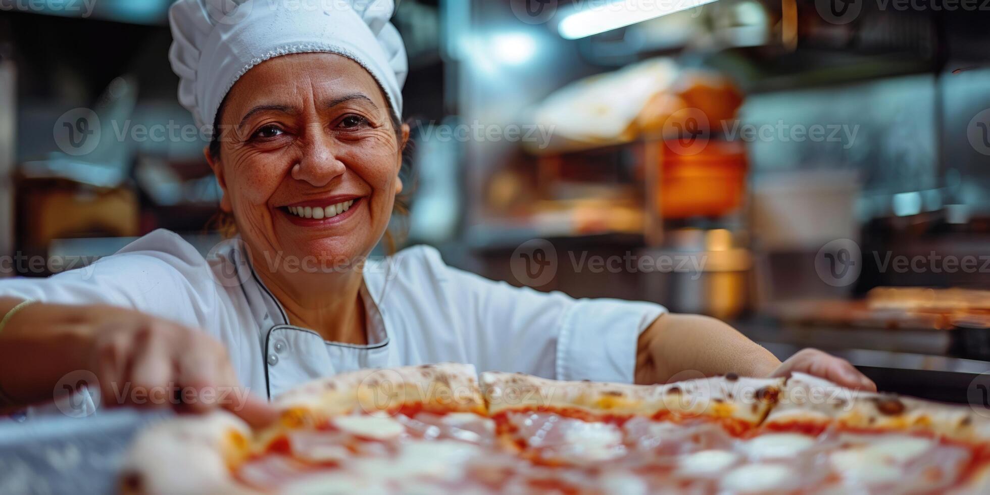 AI generated portrait of happy Italian female chef cooking pizza. ai generated photo