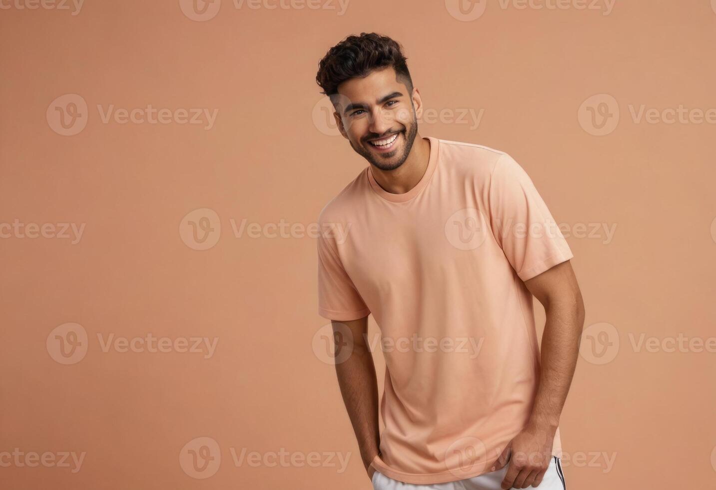 AI Generated Casual Man Smiling in Peach Tee photo