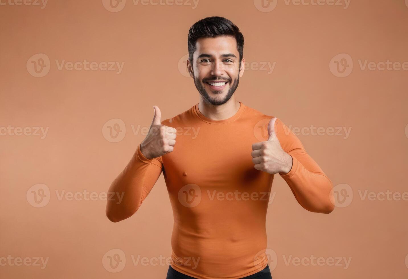 AI Generated Man in Orange Giving Double Thumbs Up photo