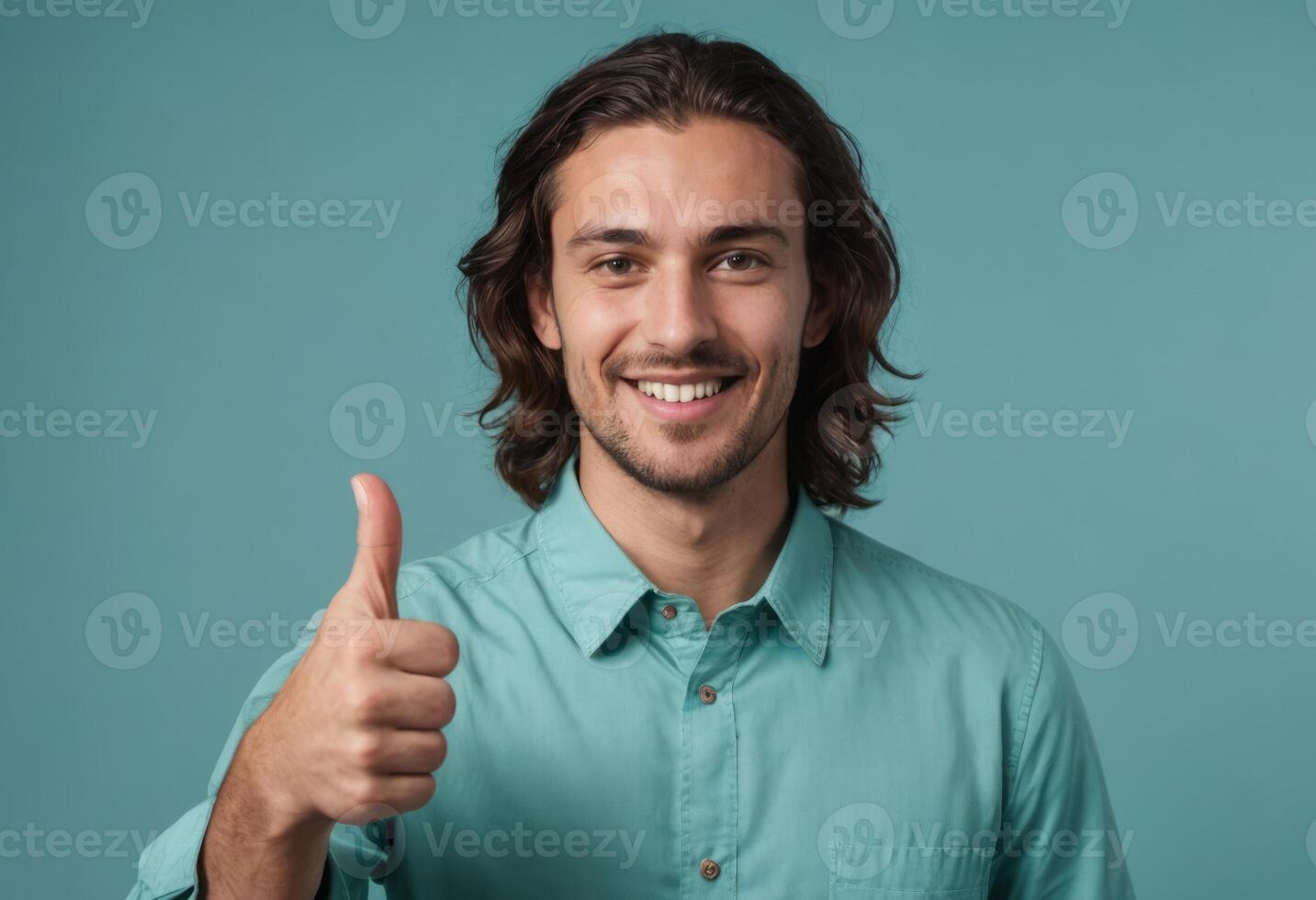 AI Generated Confident Long-Haired Man Thumbs Up photo