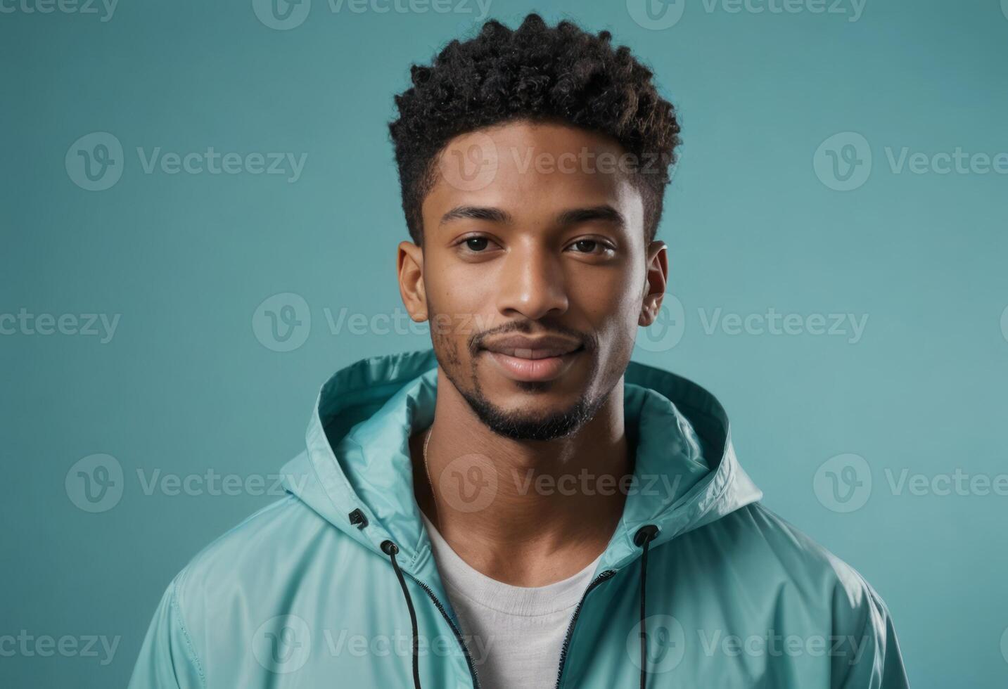 AI Generated Man in Teal Hooded Jacket photo