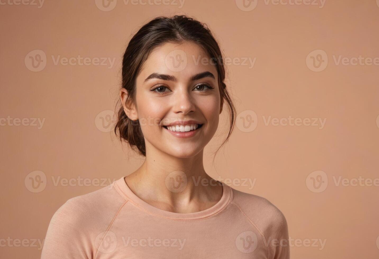 AI Generated Young woman in a casual sweater, offering a bright and friendly smile. Her appearance is effortlessly chic. photo