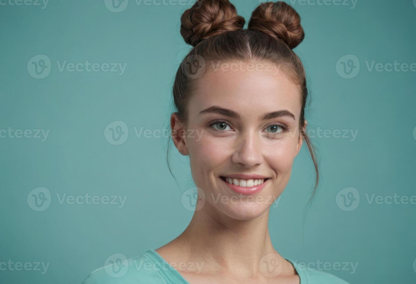 AI Generated Fit woman with hair in double buns, sporting a cheerful expression. Her active wear and hairstyle suggest a playful yet focused lifestyle. photo