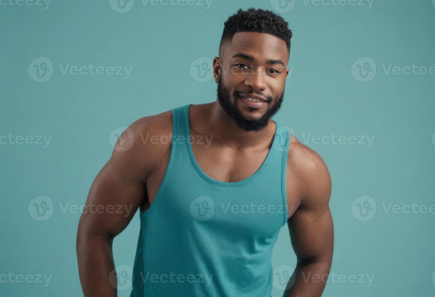AI Generated Fit man in a teal tank top giving a thumbs up, his ready stance and engaging smile suggest enthusiasm for fitness. photo
