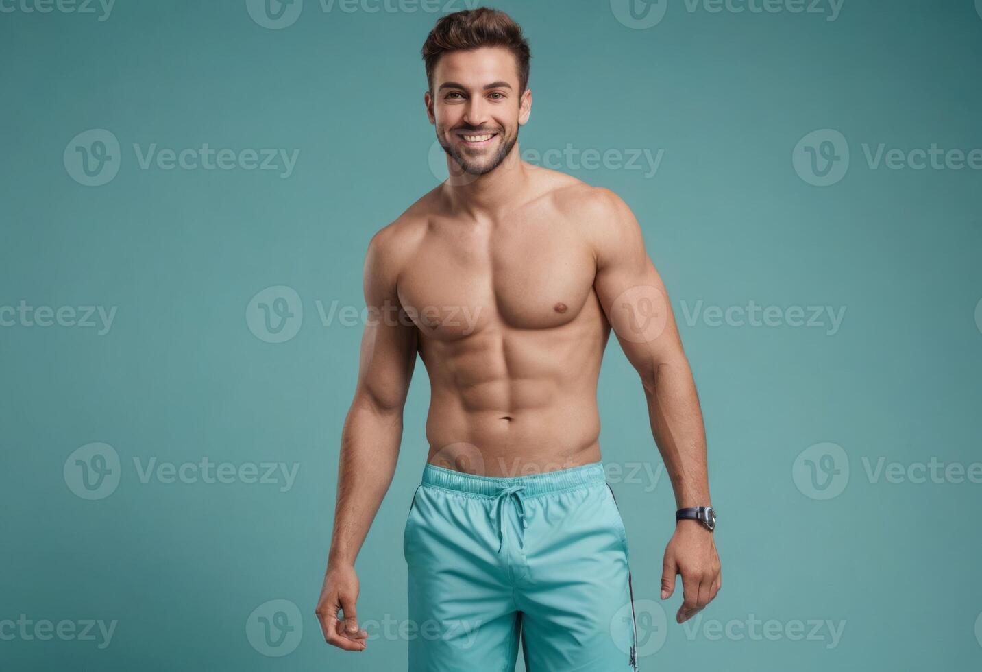 ai generado un sin camisa, ajuste joven masculino soportes sonriente en turquesa bermudas, en contra un suave azul antecedentes. su atlético construir es en mostrar. foto