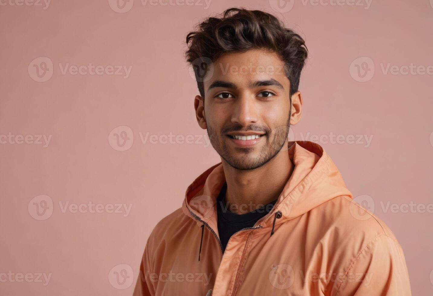 AI Generated A young man smiles gently, wearing a fashionable jacket. He stands before a soft peach background. photo