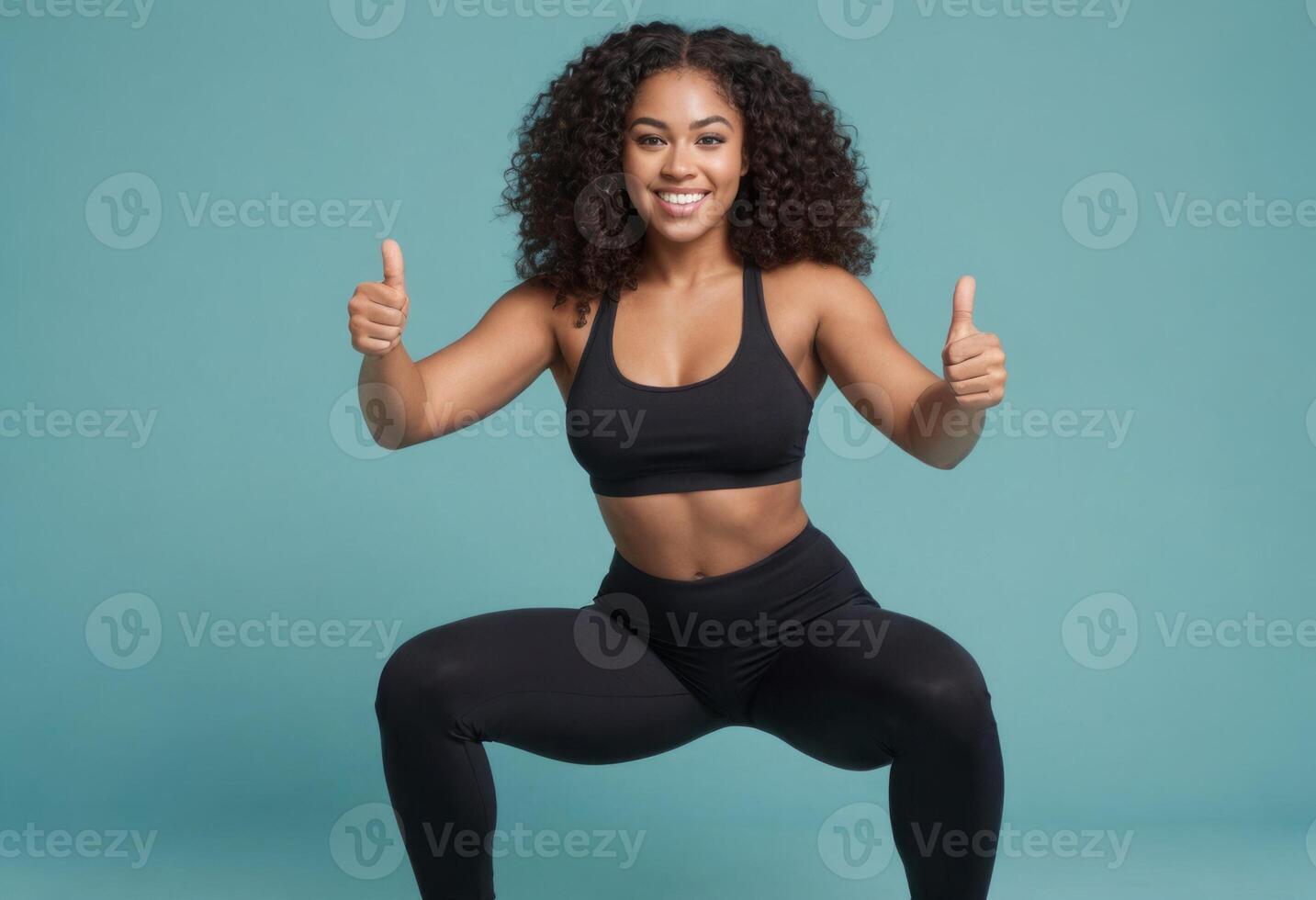 AI Generated Fit woman in sportswear performing a squat pose with double thumbs up, showcasing strength and enthusiasm. photo