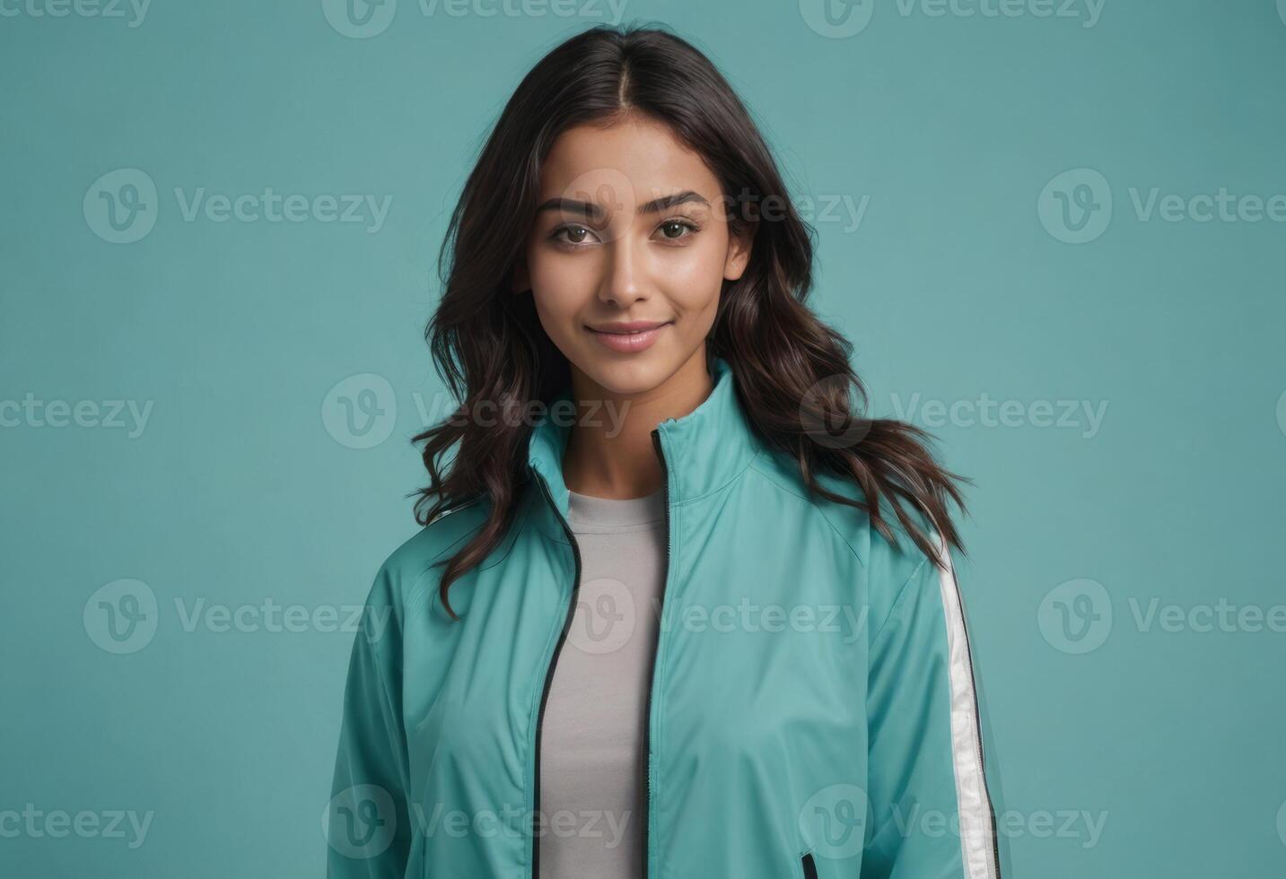 AI Generated Young woman in a teal tracksuit offering a confident smile, her relaxed pose suggesting comfort and composure. photo