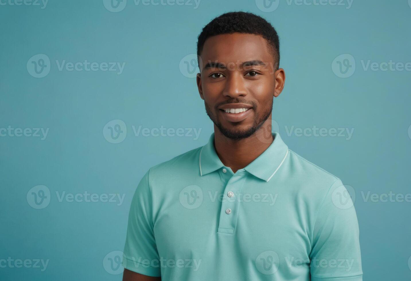 AI Generated Man in a teal polo shirt, offering a confident smile and a thumbs up, exuding smart casual style. photo