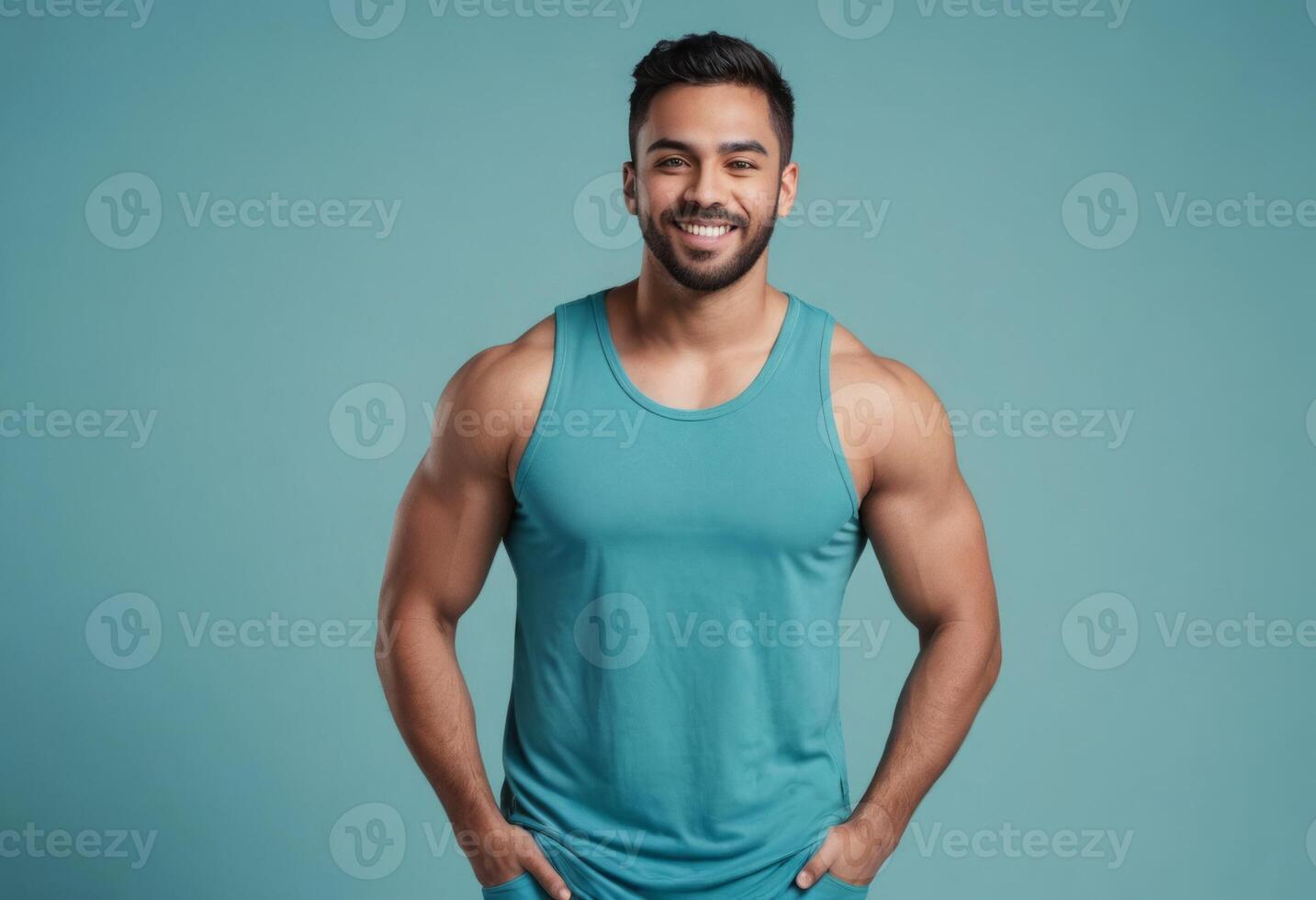 AI Generated A muscular man in a teal tank top stands with his arms crossed, exuding confidence. The blue background complements his athletic build. photo