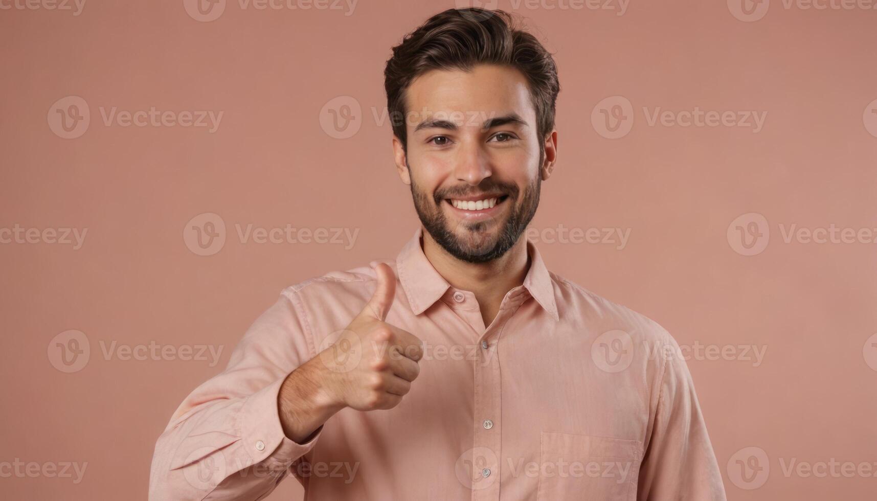 AI Generated A man with a beard in a peach shirt giving a thumbs up, his confident grin suggesting approval and positivity. photo