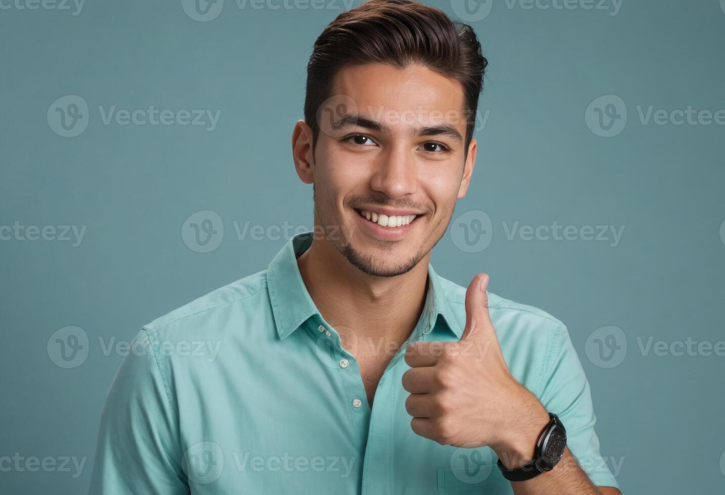 AI Generated A young man in a teal shirt making a thumbs-up gesture. He exhibits a friendly demeanor against a blue backdrop. photo