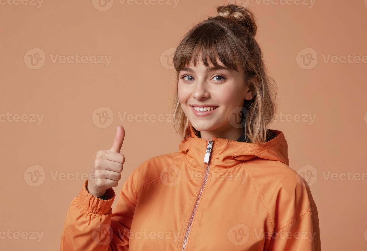 AI Generated Woman giving thumbs up in orange jacket. Confident and positive attitude portrayed. photo