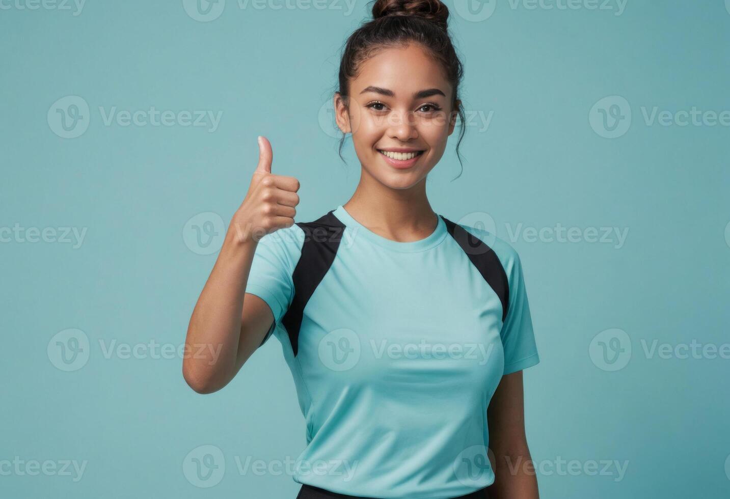 AI Generated Smiling student in a turquoise t-shirt giving a thumbs-up. She carries a backpack, suggesting readiness for school. photo