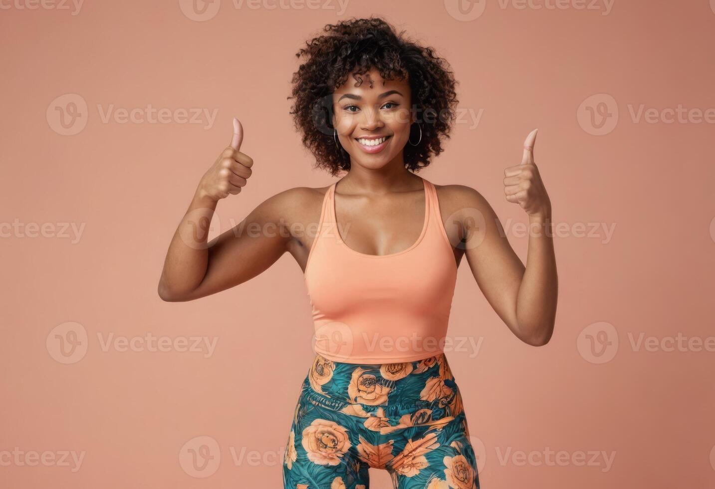 AI Generated Joyful woman in orange top and floral skirt giving double thumbs up. Her expression is lively and cheerful. photo