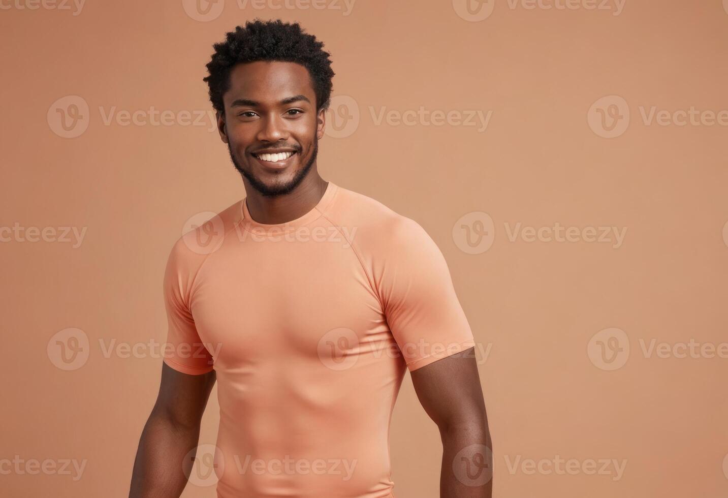 AI Generated A smiling man in a peach t-shirt looks relaxed and approachable, with a friendly and open demeanor. photo