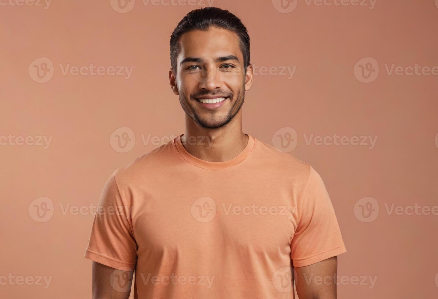AI Generated A relaxed man in a peach t-shirt stands casually, his posture suggesting comfort and ease. photo