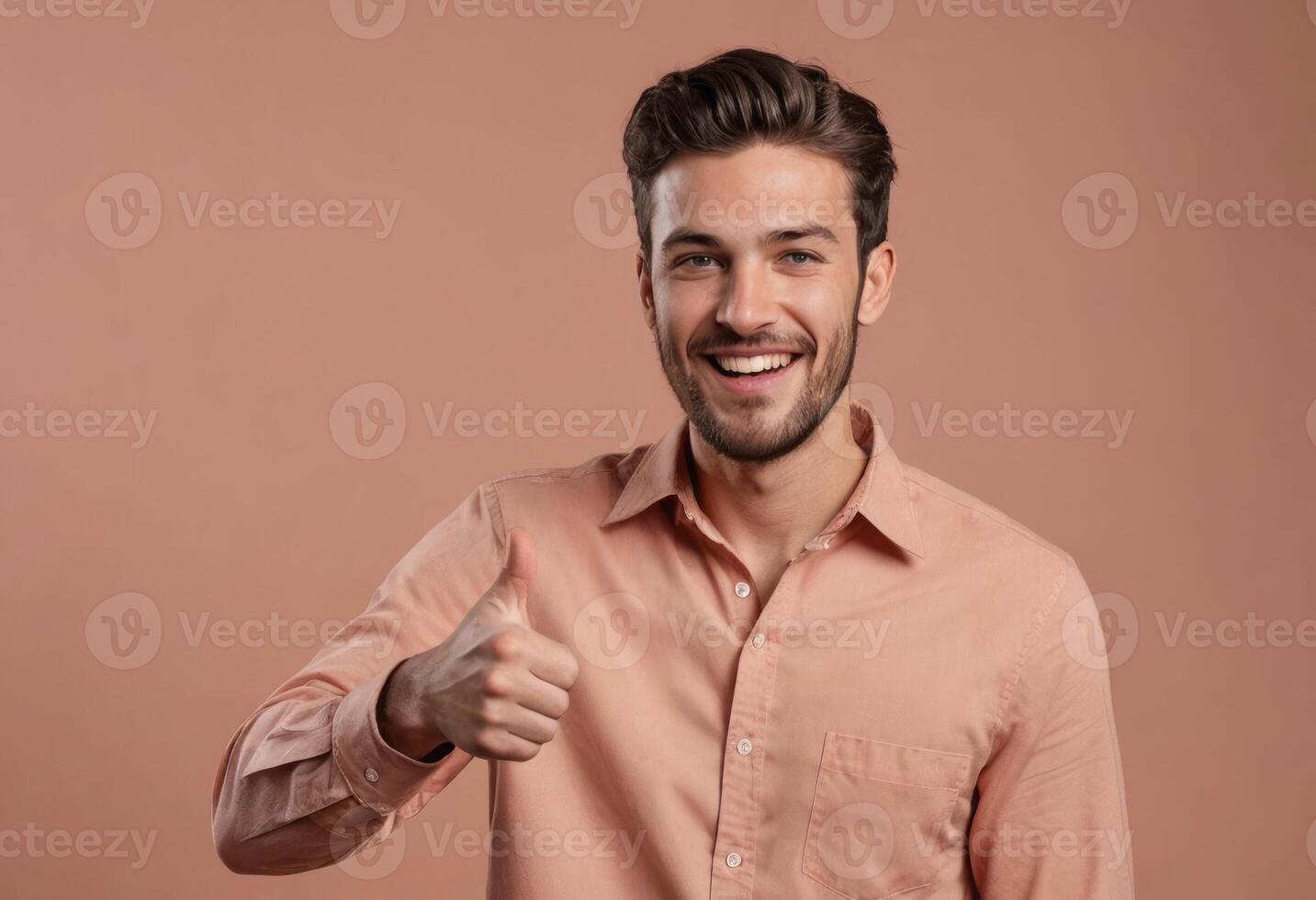 AI Generated A happy man with a beard in a salmon-colored shirt giving a thumbs up, his expression radiates positivity. photo