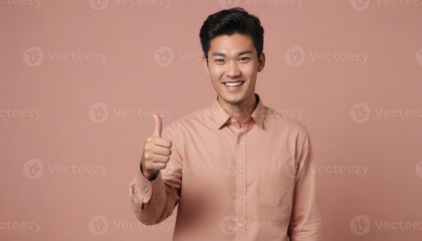 AI Generated A smiling man in a peach button-up shirt giving a thumbs up, exuding warmth and friendliness. photo