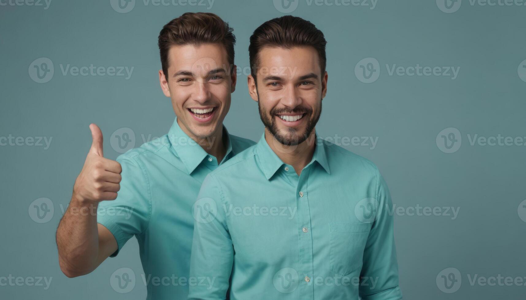 AI Generated Two happy men in matching teal shirts giving a thumbs up. Blurred background enhances focus. photo
