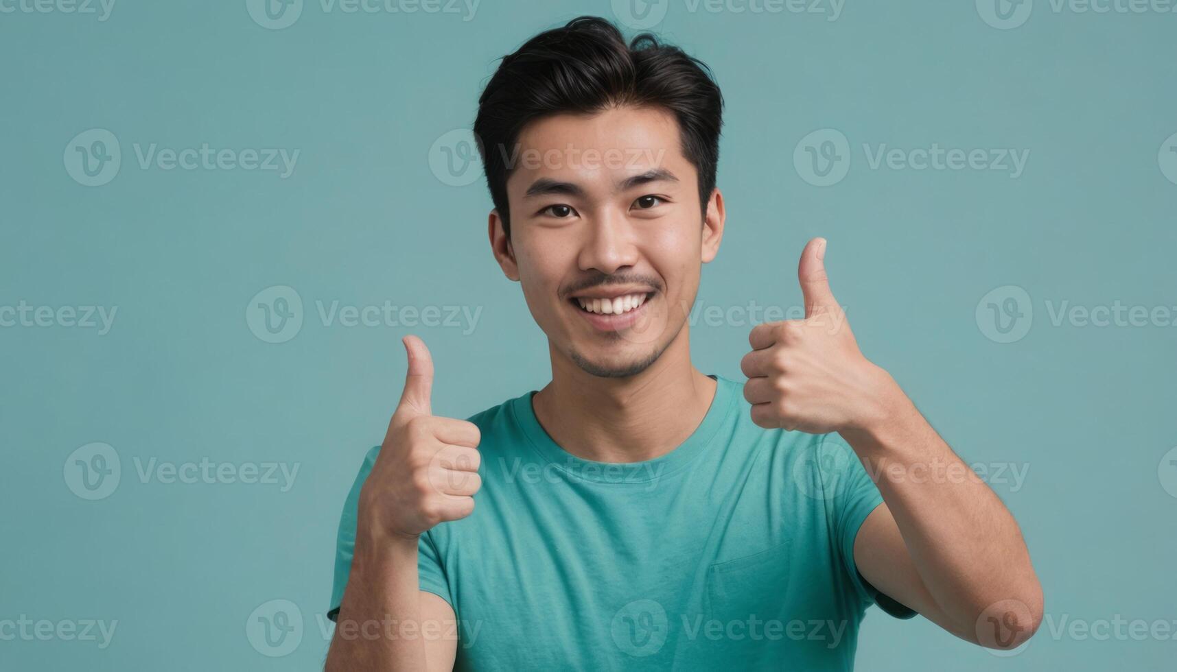 ai generado alegre hombre en verde azulado camisa da un doble pulgares arriba. antecedentes es un suave azul sombra. foto