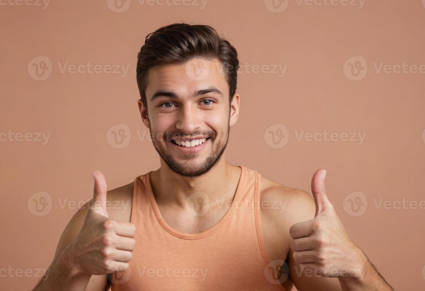 AI Generated A friendly man in a tank top gives double thumbs up. His casual style and warm smile portray a relaxed and positive attitude. photo