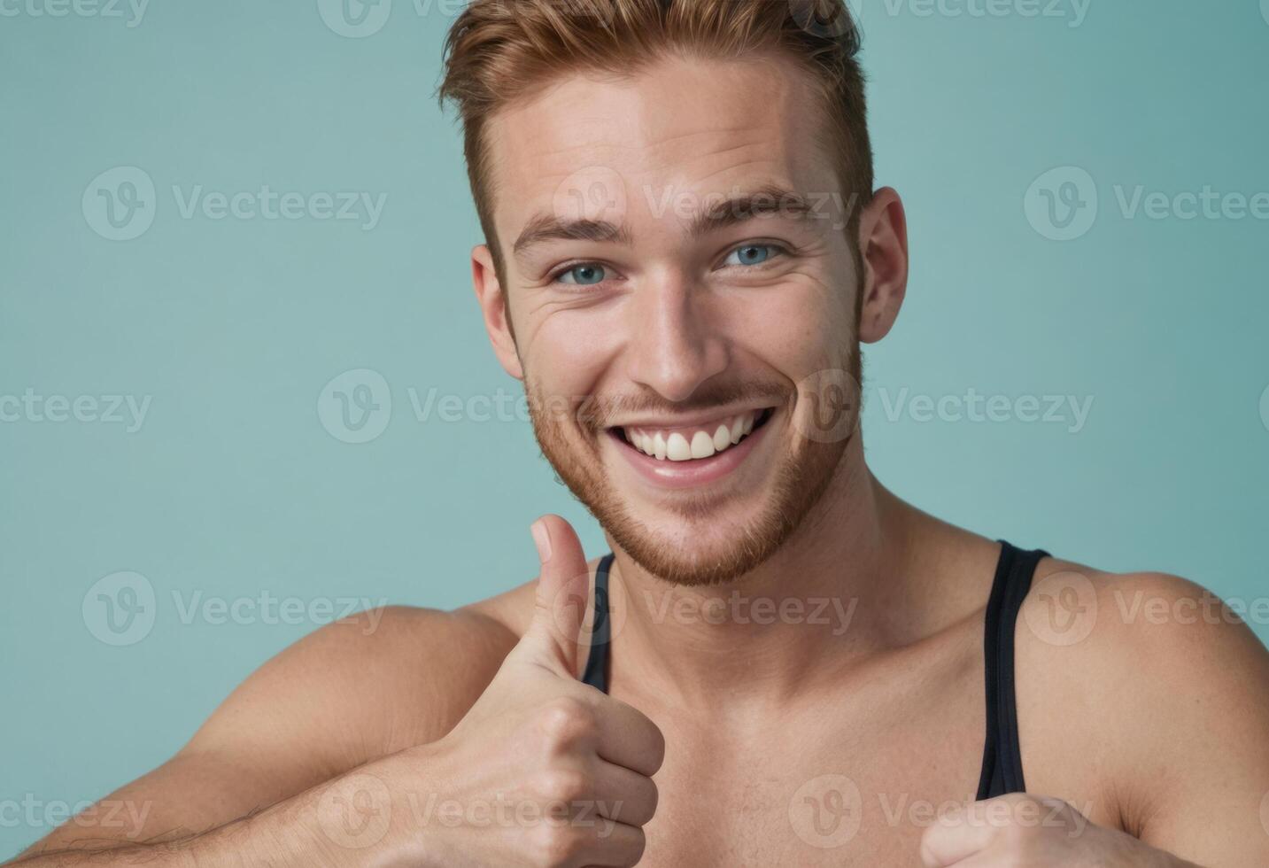 AI Generated A cheerful shirtless man gives a thumbs up. His bright smile and athletic build convey confidence and vitality. photo
