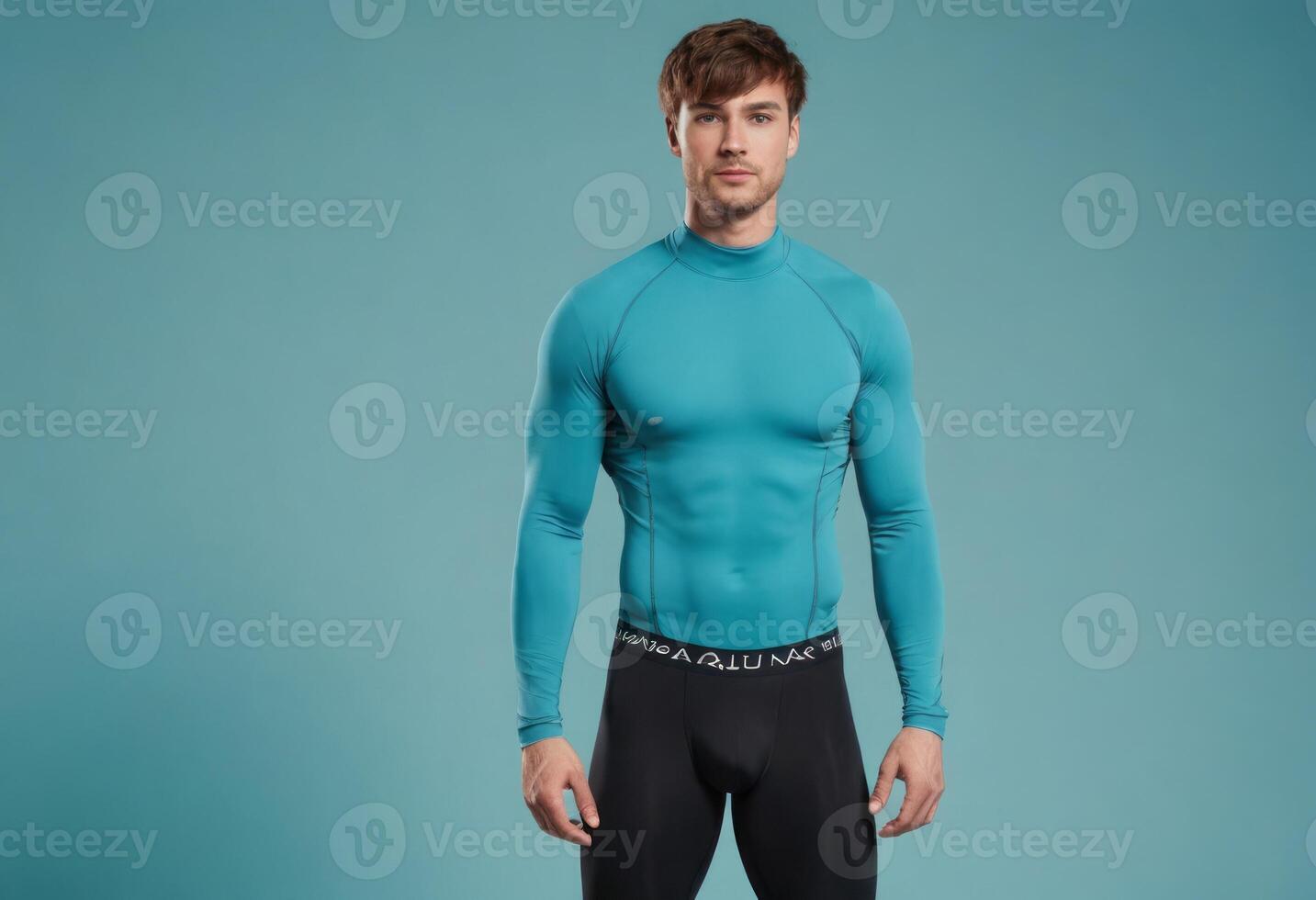 AI Generated An athletic man poses in fitted sportswear, exuding strength and readiness for physical activity. photo