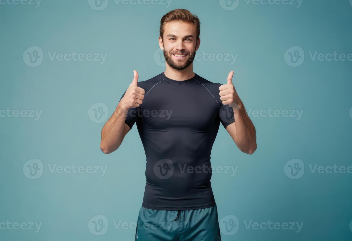 AI Generated An athletic man in sportswear gives double thumbs up. His bright smile and fit physique suggest an active and healthy lifestyle. photo