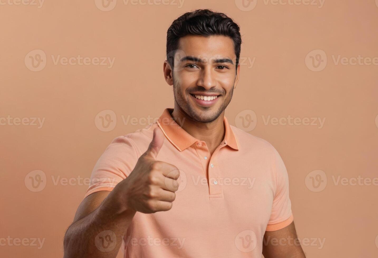 AI Generated A man in a peach polo shirt smiles giving a thumbs up. His casual, yet smart appearance radiates a friendly demeanor. photo