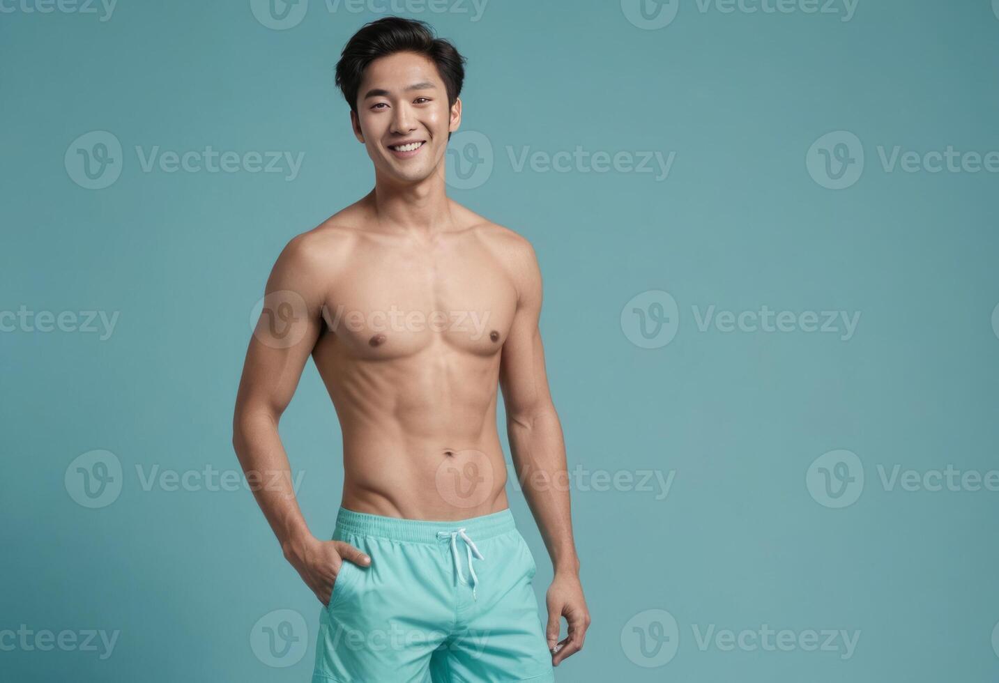 AI Generated A shirtless man in casual shorts smiles, displaying a relaxed and carefree attitude with a fit body. photo