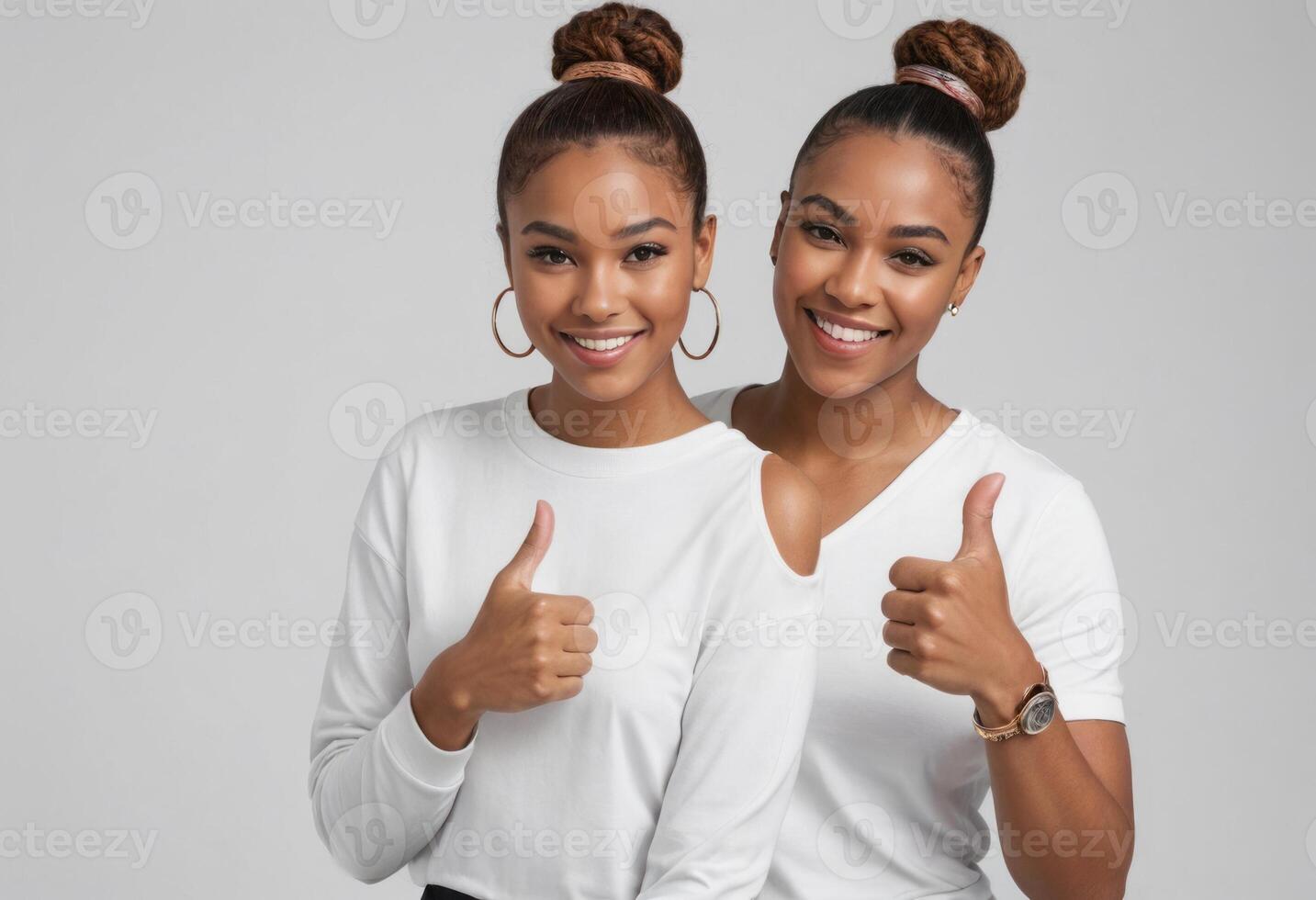 AI Generated Twin women in white tops give a thumbs up, their coordinated outfits and similar features expressing unity and positivity. photo