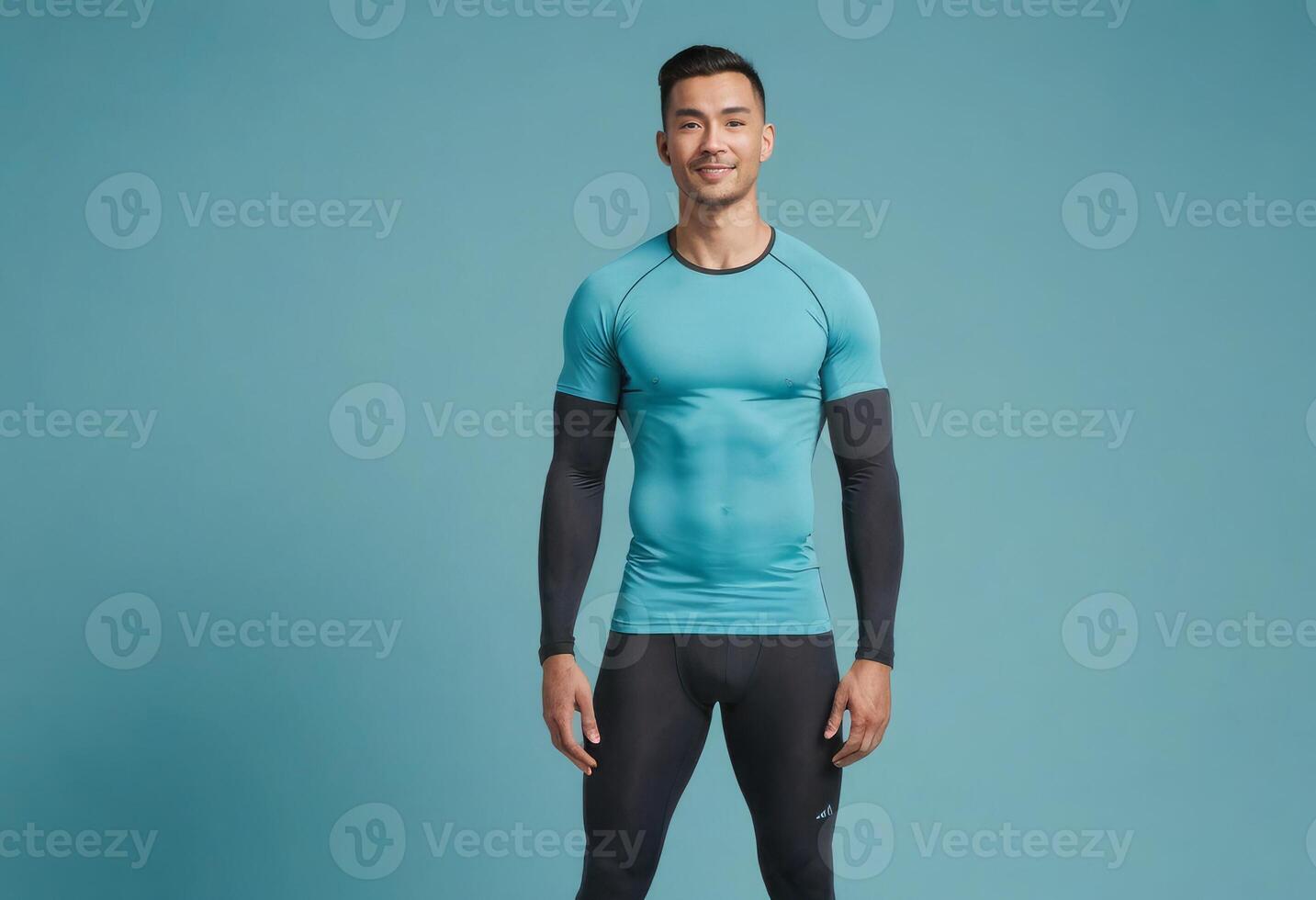 AI Generated A fit man stands confidently in an athletic tee, showcasing his well-toned physique and active lifestyle. photo
