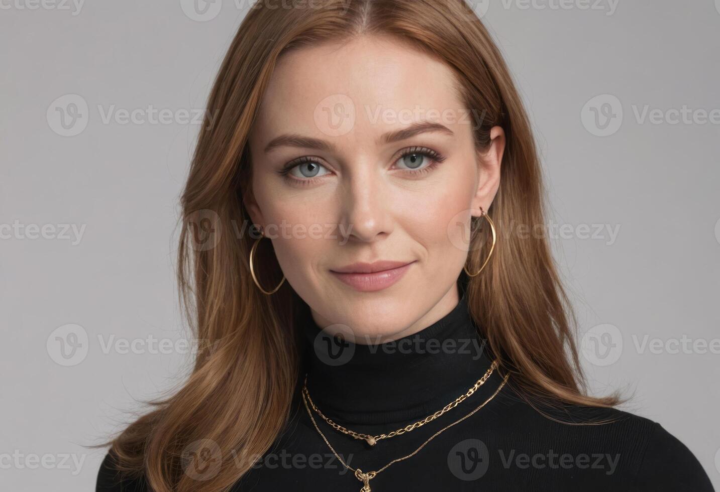 AI Generated An elegant woman with a graceful pose, wearing a black turtleneck and gold jewelry, exudes a refined aura. photo
