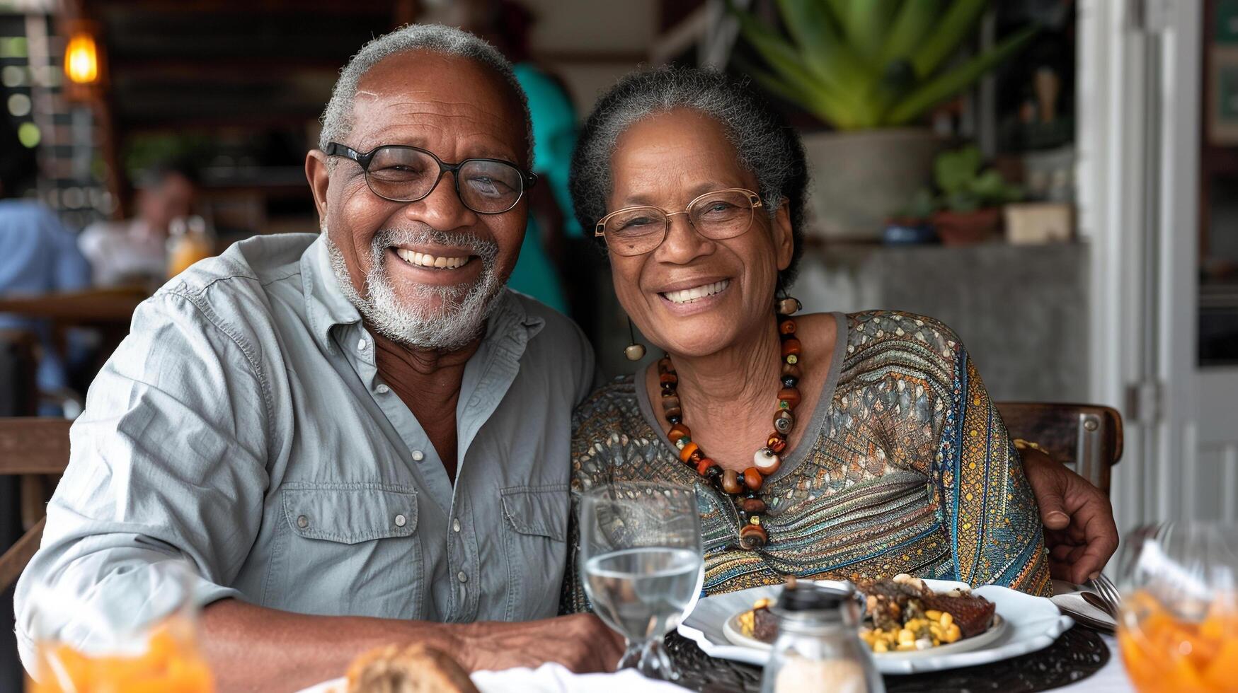 ai generado un sonriente mayor Pareja disfrutando un nutritivo comida juntos a hogar foto