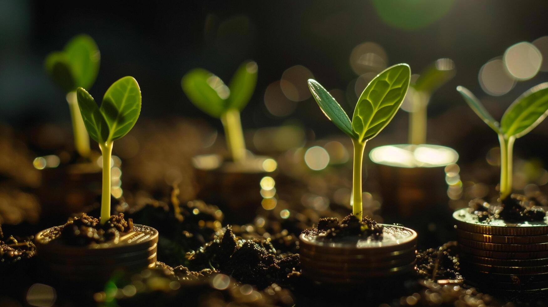 AI generated Sprouts Growing on Coin Stacks Looping Green Business Growth Recycling Renewable Energy Environmental Consciousness Concept photo