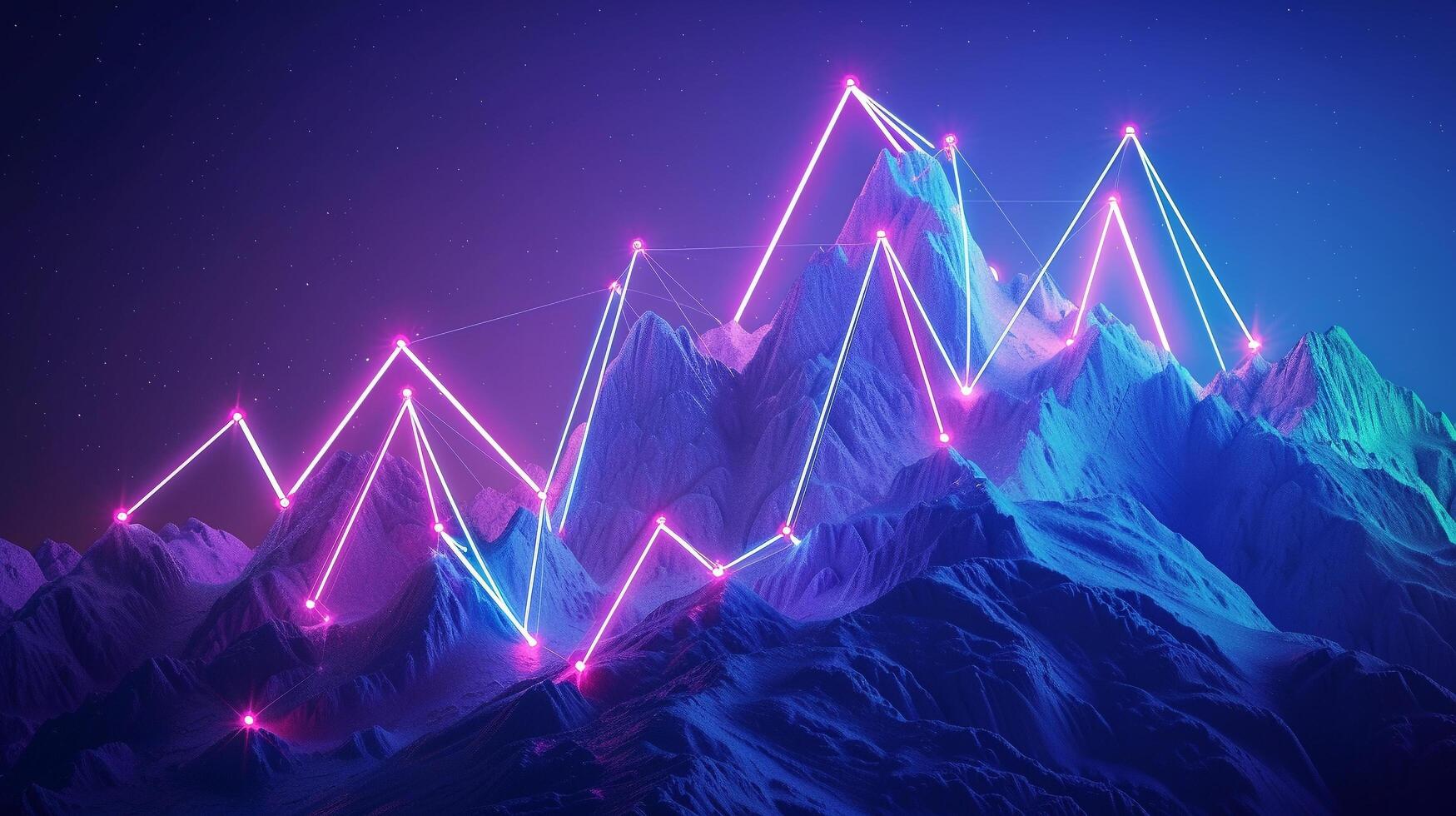 AI generated Success concept background about business success using mountain peaks and neon dot line to the top photo