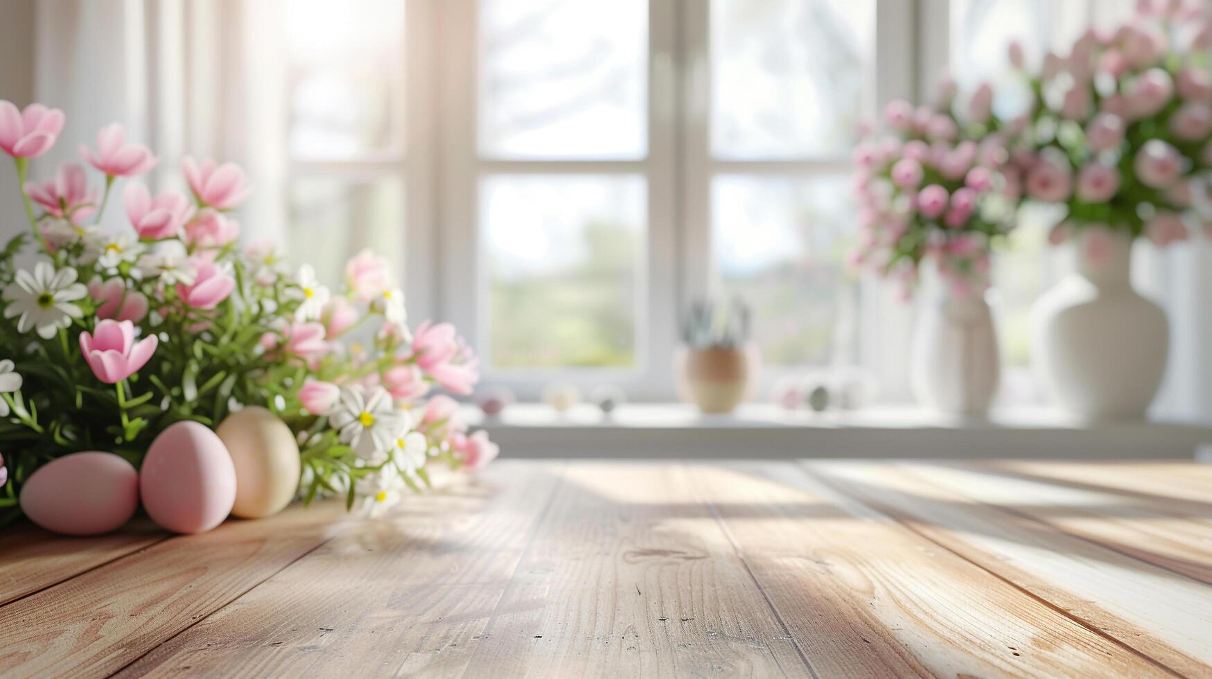 AI generated Abstract wooden tabletop with easter eggs and flower, copy space over blurred window interior background, display for product montage photo