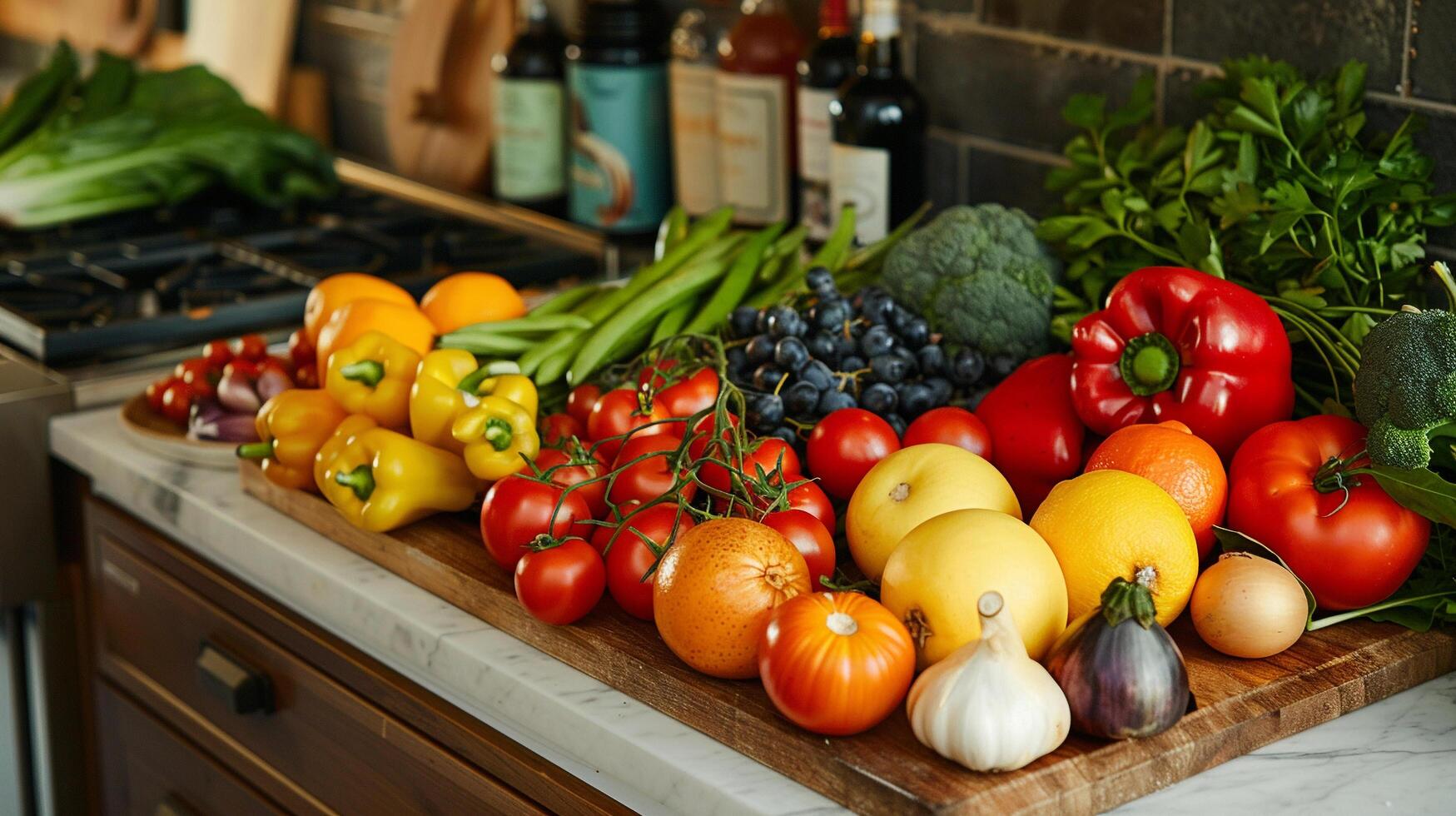 ai generado un vistoso surtido de Fresco frutas y vegetales en un cocina mostrador foto