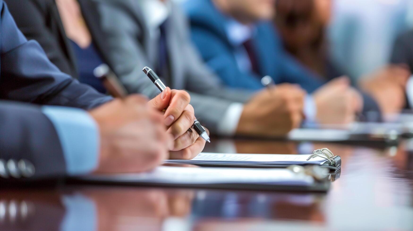 AI generated Close up group of professionals sitting around a conference table discussing their long term vision and setting SMART goals photo