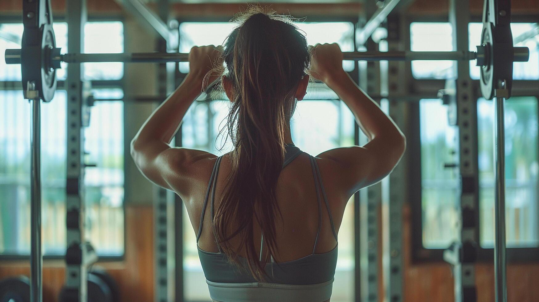 ai generado un mujer levantamiento pesos a el gimnasio como parte de su aptitud rutina foto