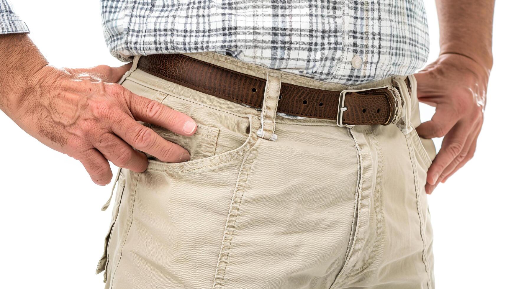 AI generated A man measuring his waistline as part of a weight management program photo