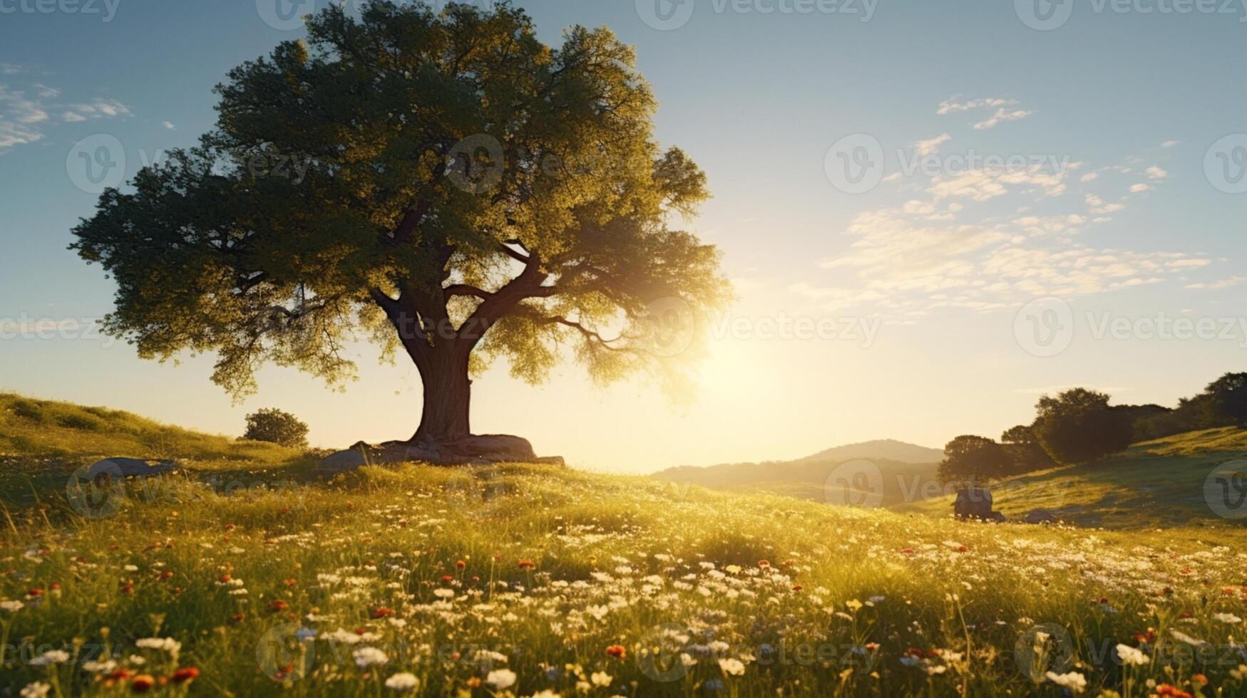 AI generated A solitary oak tree amidst a field of wildflowers photo