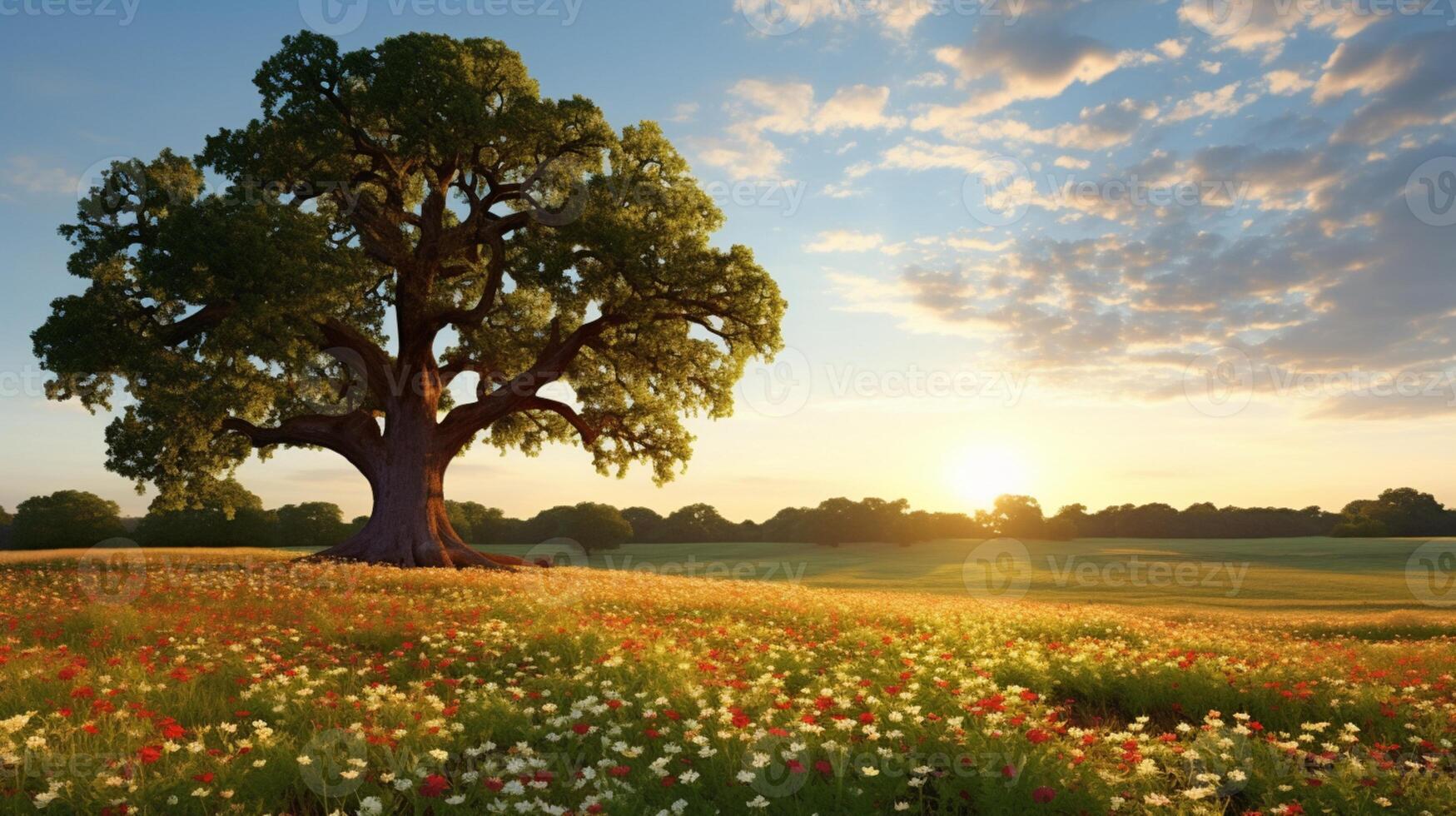 AI generated A solitary oak tree amidst a field of wildflowers photo