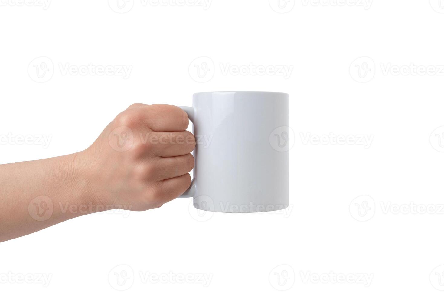 Clean white mug, held by an isolated hand, offers a perfect canvas for Print-on-Demand design promotion. Customizable and versatile photo