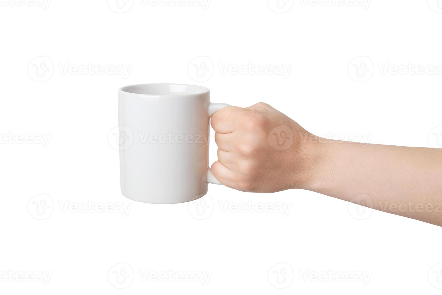 Blank white mug, held by an isolated hand, offers endless possibilities for Print-on-Demand design promotion. Versatile and customizable canvas photo