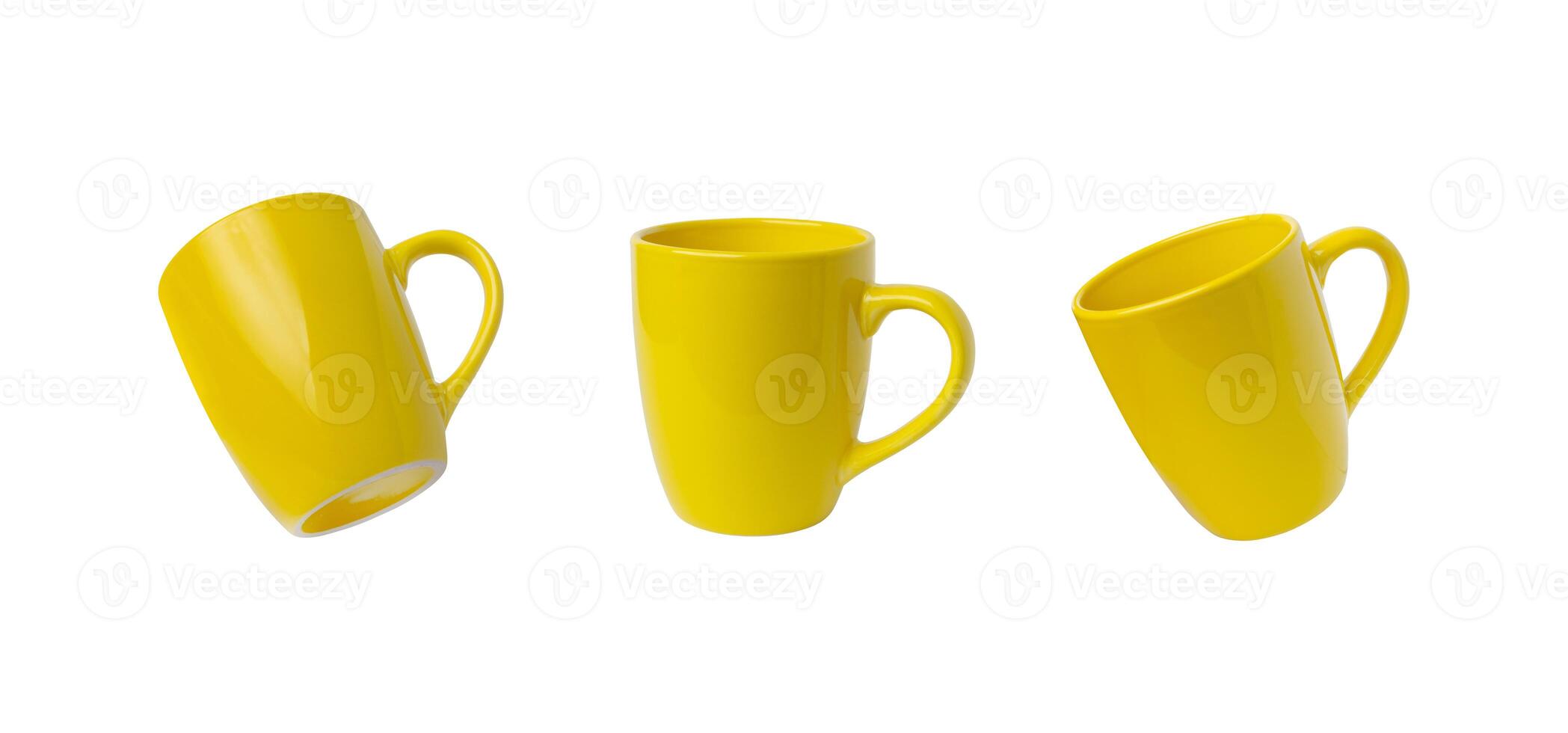 Yellow mug in three isolated positions. Versatile image ideal for Print-on-Demand design promotion. Perfect for marketing and advertising photo
