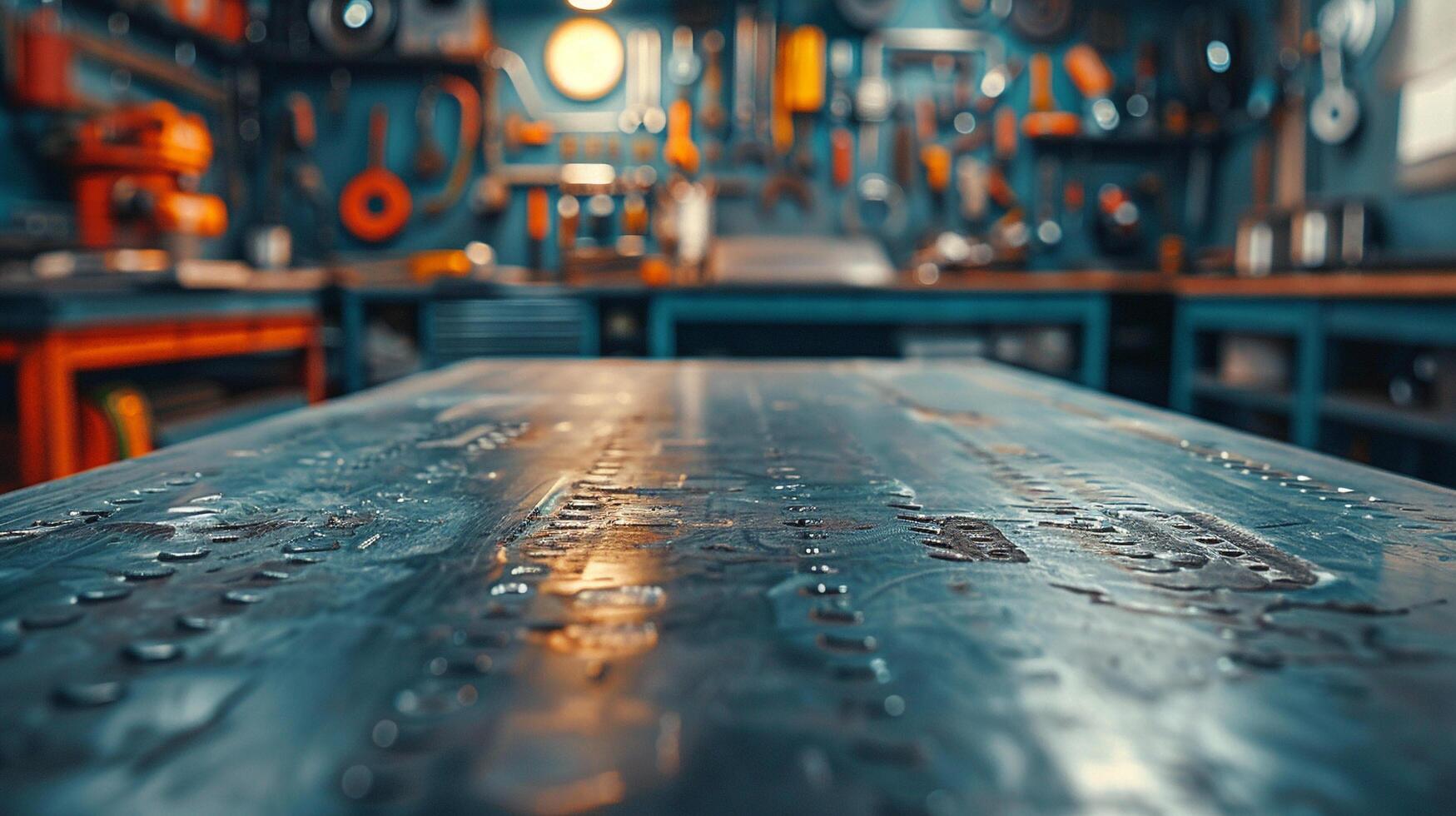 AI generated A metal blank tabletop with blurred automotive tools and parts in the background suitable for promoting automotive products photo